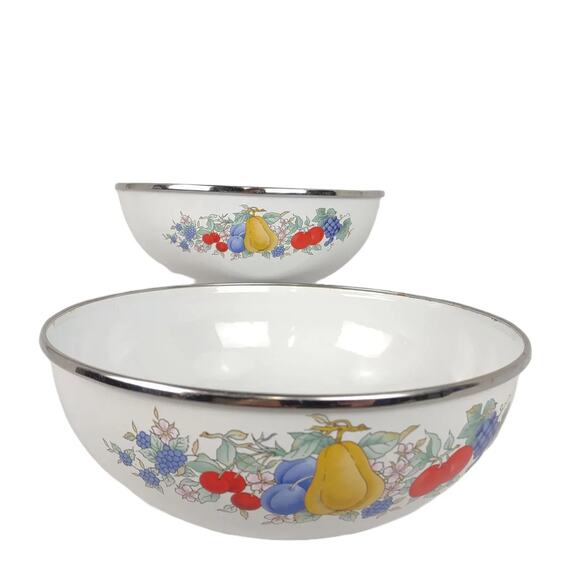 Set 2 Vtg White Metal Enamelware Fruit Serving Mixing Nesting Bowls Kobe Japan? - Picture 2 of 8